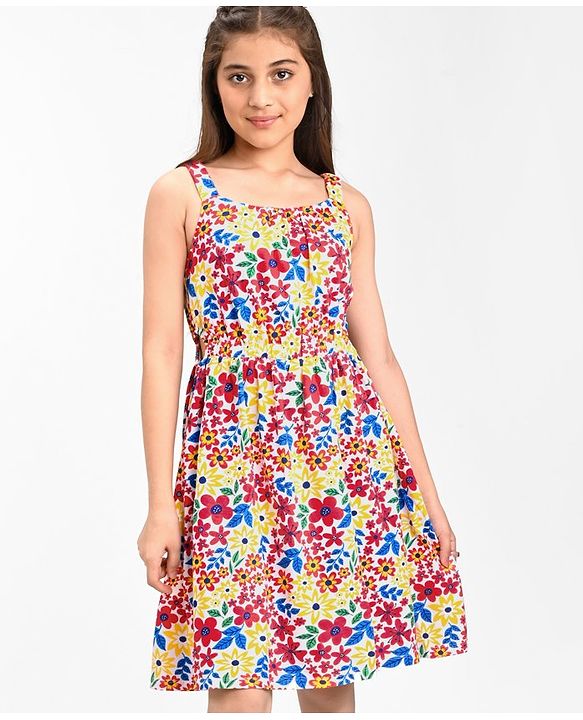 Pine Kids 100% Cotton Knit Sleeveless Frock With Floral Print - Snow White