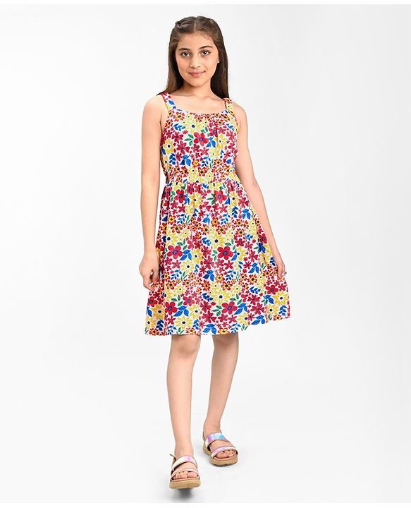 Pine Kids 100% Cotton Knit Sleeveless Frock With Floral Print - Snow White