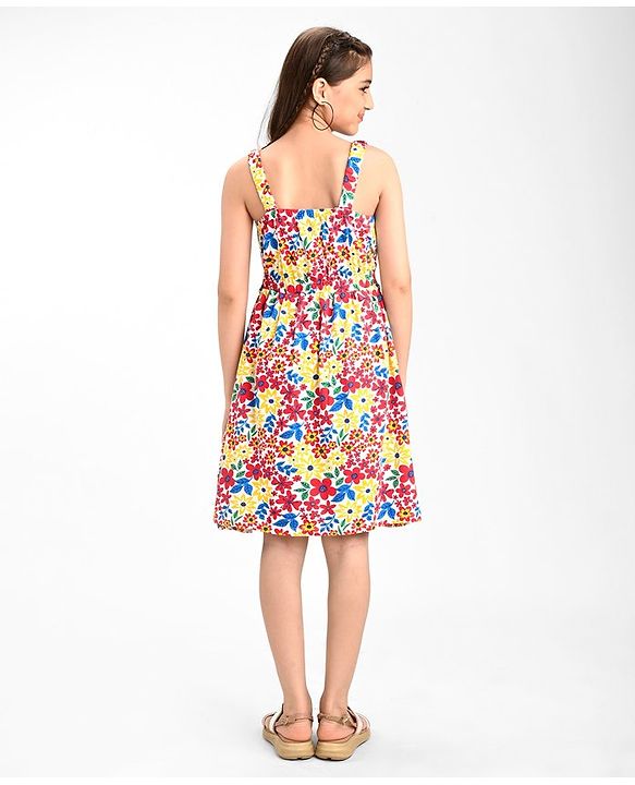Pine Kids 100% Cotton Knit Sleeveless Frock With Floral Print - Snow White
