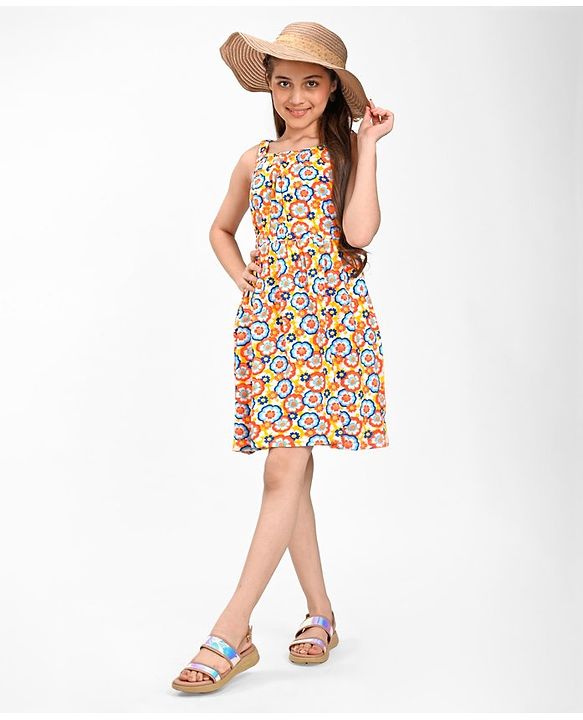 Pine Kids Cotton Sleeveless Floral Printed Frock - Aspen Gold