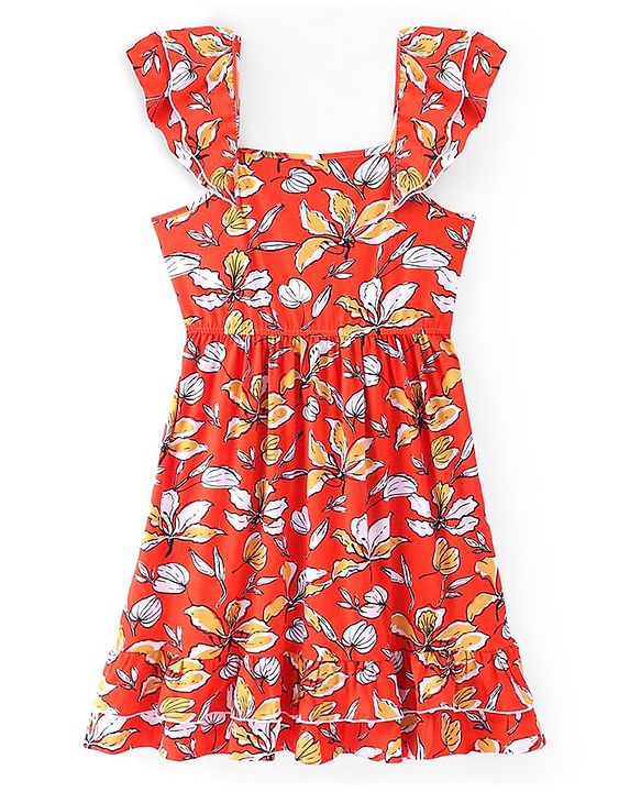 Pine Kids Cotton Knit Sleeveless Frock with Floral Print - Red