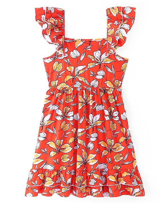 Pine Kids Cotton Knit Sleeveless Frock with Floral Print - Red