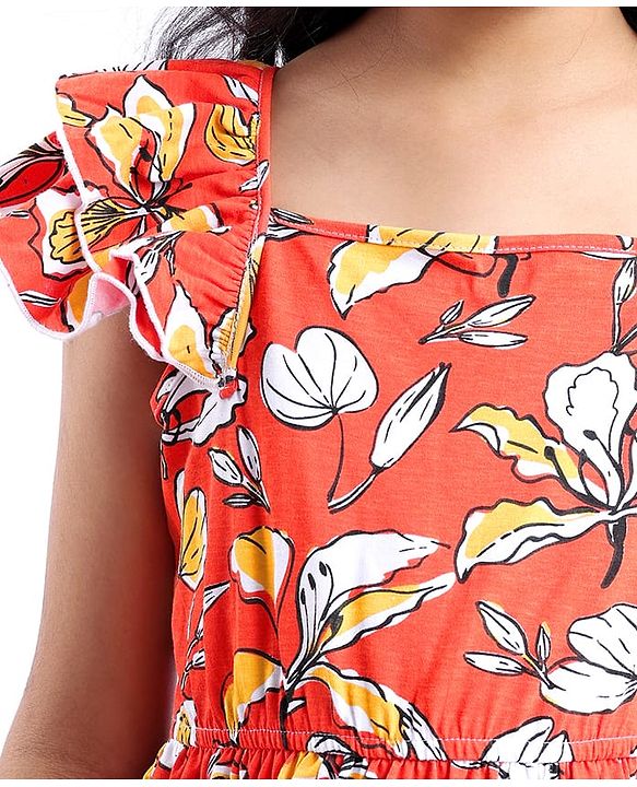 Pine Kids Cotton Knit Sleeveless Frock with Floral Print - Red
