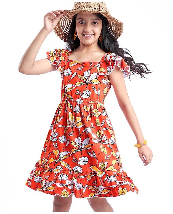 Pine Kids Cotton Knit Sleeveless Frock with Floral Print - Red