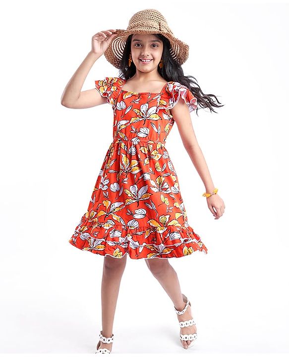 Pine Kids Cotton Knit Sleeveless Frock with Floral Print - Red
