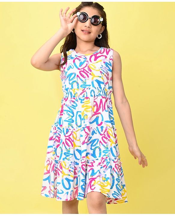 Pine Kids Cotton Knit Sleeveless Frock with Heart Print - White