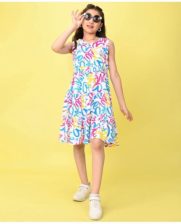 Pine Kids Cotton Knit Sleeveless Frock with Heart Print - White