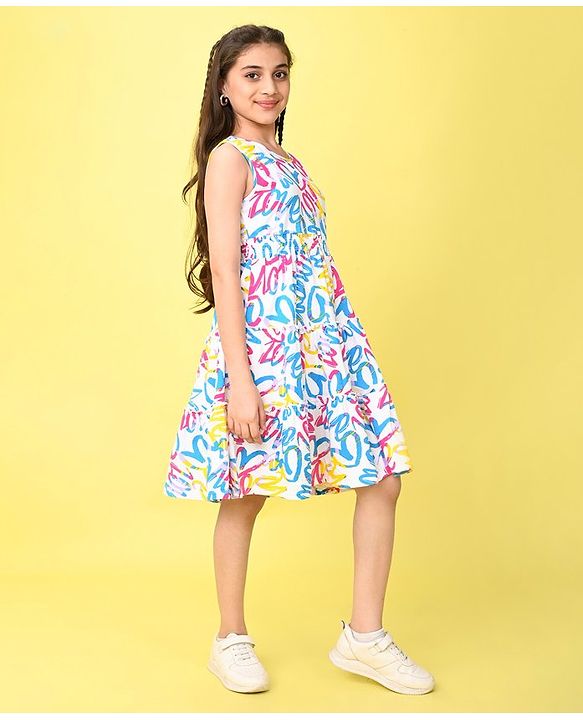 Pine Kids Cotton Knit Sleeveless Frock with Heart Print - White