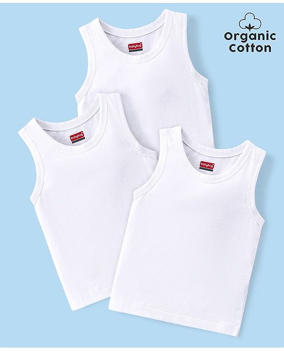 Babyhug 100% Organic Cotton Knit Sleeveless Solid Color Sandos Pack of 3 - White