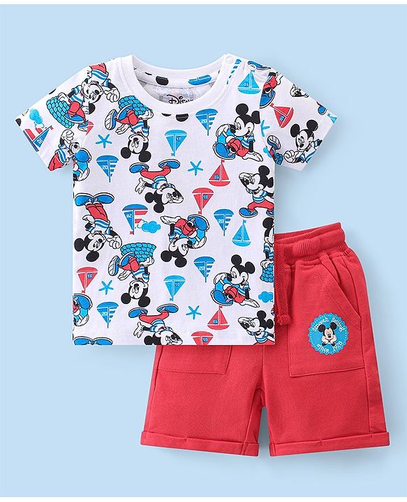 Babyhug Disney 100% Cotton Knit Half Sleeves T-Shirt & Shorts With Mickey Mouse Print - White & Red