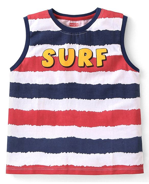 Babyhug Cotton Knit  Sleeveless Striped  T-Shirt  with Text Graphics - Multicolour