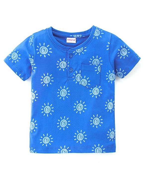 Babyhug Cotton Knit Half Sleeves Henley Neck T-Shirt With Pocket Detailing and Sun Print - Blue