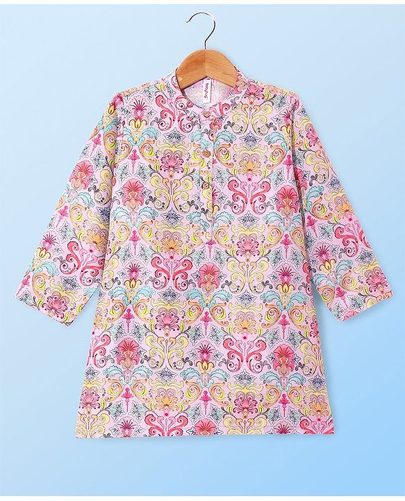 Babyhug Cambric Woven Full Sleeves Floral Printed Kurta With Pyjama Set - Light Pink & White