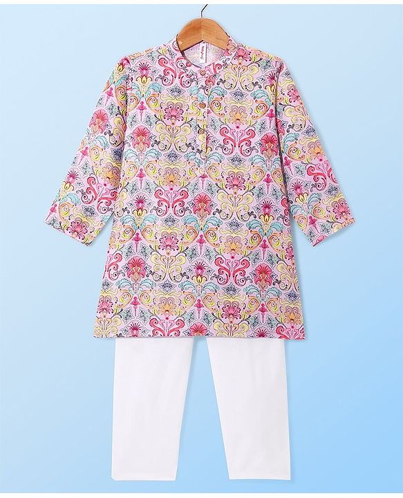 Babyhug Cambric Woven Full Sleeves Floral Printed Kurta With Pyjama Set - Light Pink & White