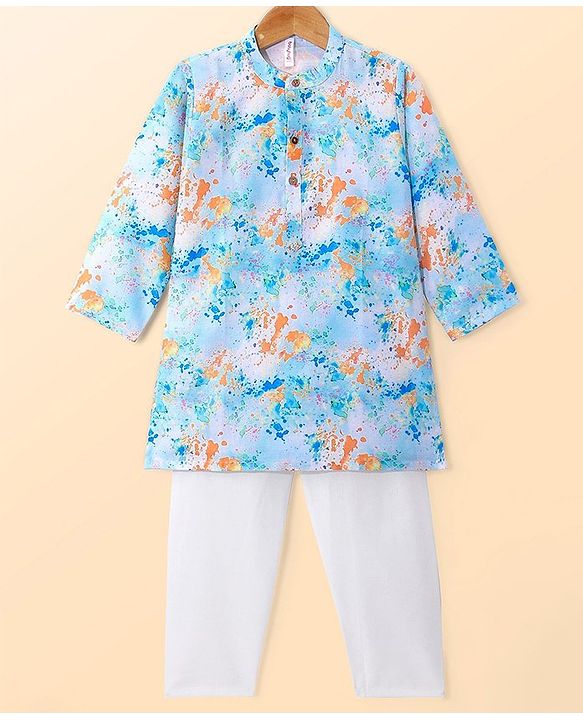 Babyhug Cambric Woven Full Sleeves Splashed Printed Kurta With Pyjama Set - Blue & White