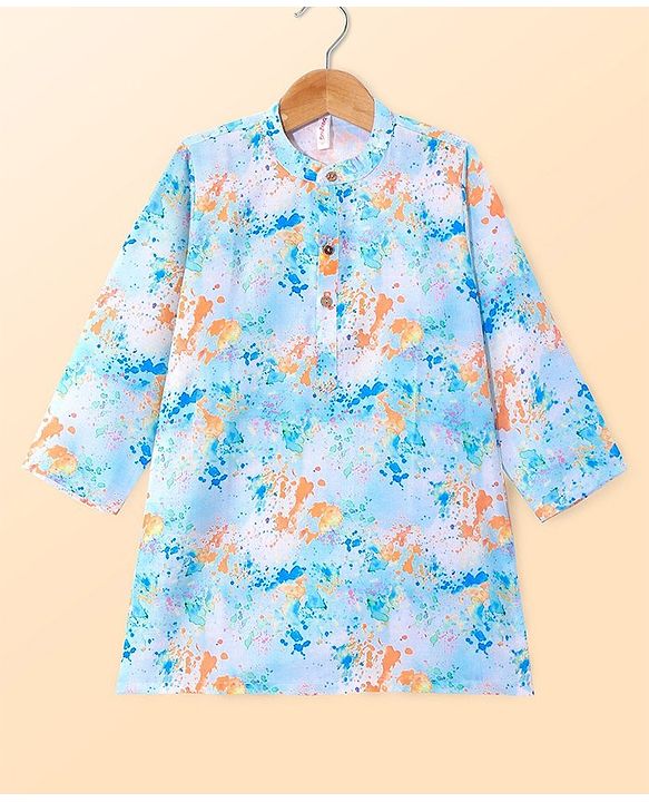 Babyhug Cambric Woven Full Sleeves Splashed Printed Kurta With Pyjama Set - Blue & White