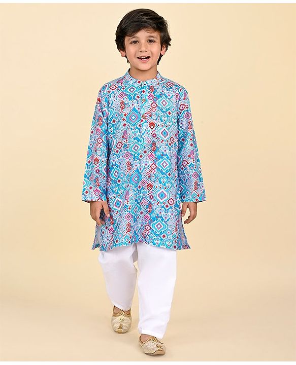 Babyhug Cambric Woven Full Sleeves Shapes Printed Kurta With Pyjama Set - Blue & White