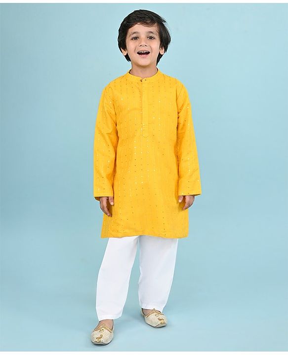 Babyhug Woven Full Sleeves Sequinned Embroidered Kurta With Pyjama Set - Yellow & White