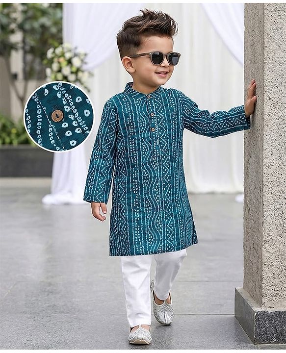 Babyhug Full Sleeves Cambric  Kurta With Payjama Set Bandhani Print - Green