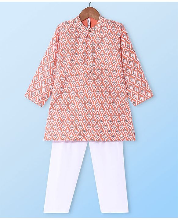 Babyhug Camrbic Sequenced Embroidered Full Sleeves Printed Kurta with Pyjama - Peach