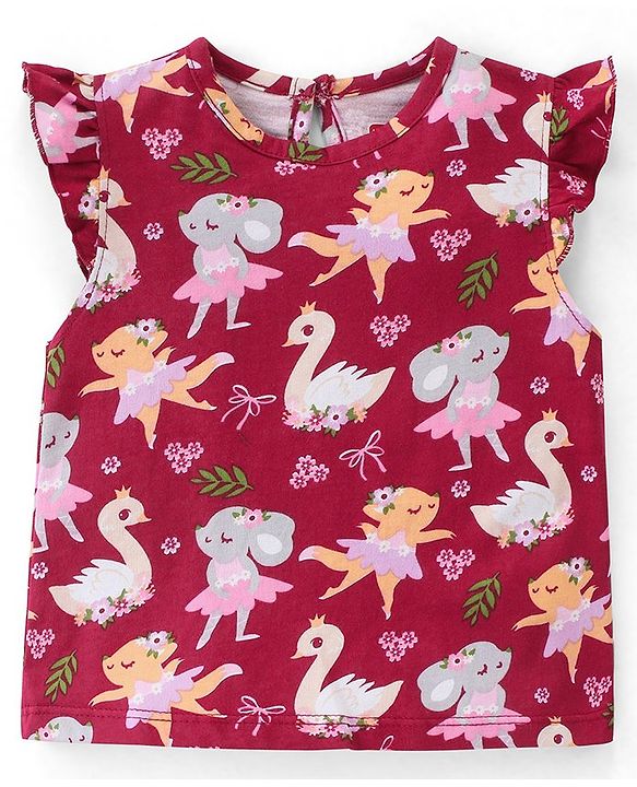 Babyhug Cotton Knit Frill Sleeves Mice Printed Top - Red