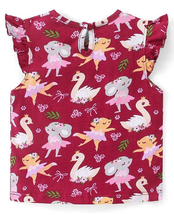 Babyhug Cotton Knit Frill Sleeves Mice Printed Top - Red