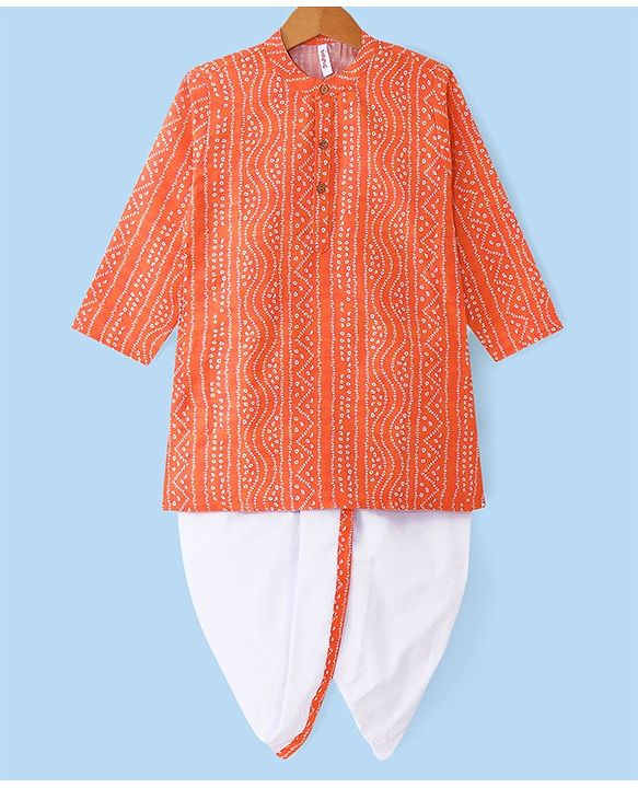 Babyhug Cambric Woven Full Sleeves Bandhani Printed Kurta With Dhoti Set - Orange & White