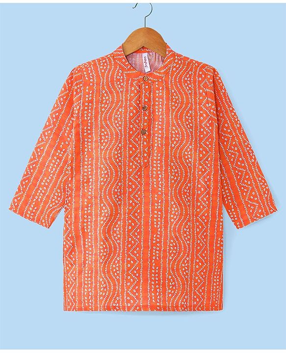 Babyhug Cambric Woven Full Sleeves Bandhani Printed Kurta With Dhoti Set - Orange & White