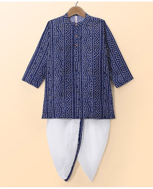 Babyhug Cambric Woven Full Sleeves Bandhani Printed Kurta With Dhoti Set - Navy & White