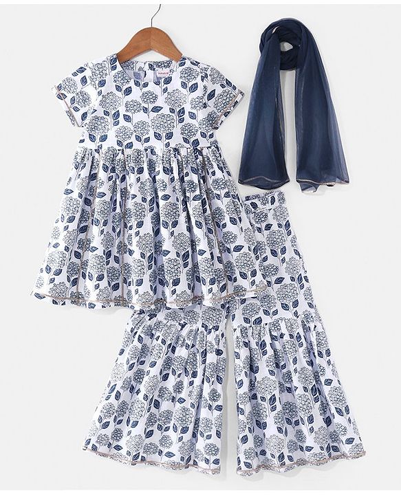 Babyhug Cotton Woven Half Sleeves Kurti Sharara & Dupatta Set Floral Print - White & Navy Blue