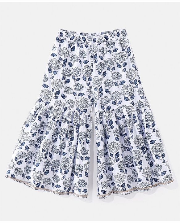 Babyhug Cotton Woven Half Sleeves Kurti Sharara & Dupatta Set Floral Print - White & Navy Blue