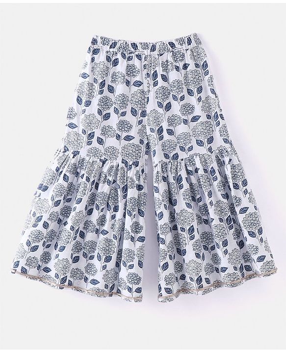 Babyhug Cotton Woven Half Sleeves Kurti Sharara & Dupatta Set Floral Print - White & Navy Blue