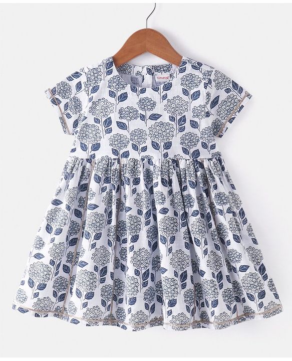 Babyhug Cotton Woven Half Sleeves Kurti Sharara & Dupatta Set Floral Print - White & Navy Blue