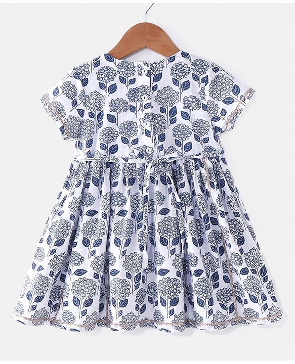 Babyhug Cotton Woven Half Sleeves Kurti Sharara & Dupatta Set Floral Print - White & Navy Blue