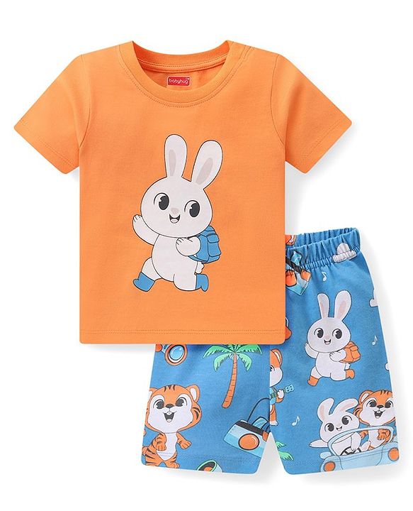 Babyhug Cotton Knit Half Sleeves Bunny Printed Night Suit - Orange & Blue