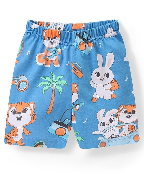 Babyhug Cotton Knit Half Sleeves Bunny Printed Night Suit - Orange & Blue