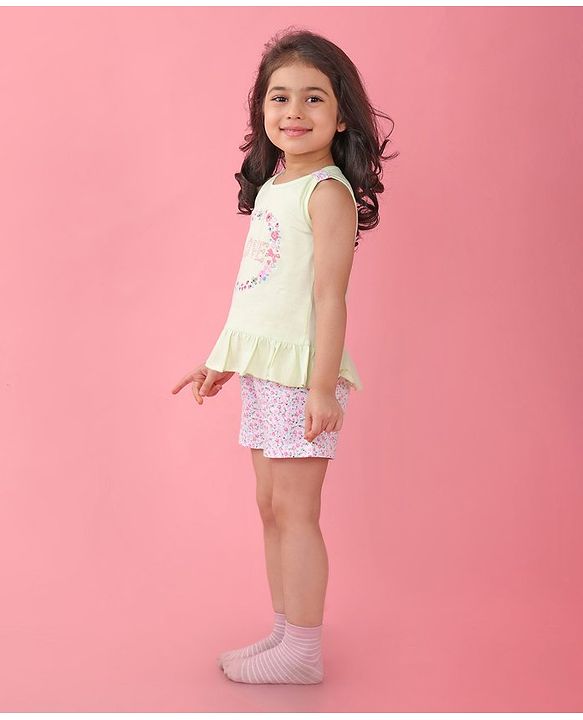 Babyhug Cotton Knit Sleeveless Night Suit Floral Print - Green & Pink