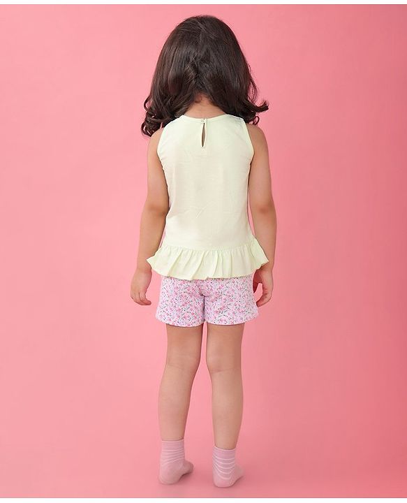 Babyhug Cotton Knit Sleeveless Night Suit Floral Print - Green & Pink