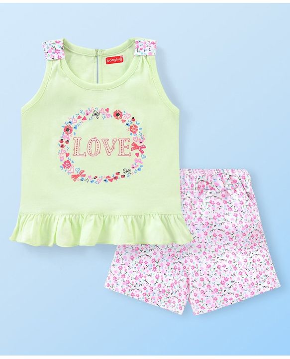 Babyhug Cotton Knit Sleeveless Night Suit Floral Print - Green & Pink