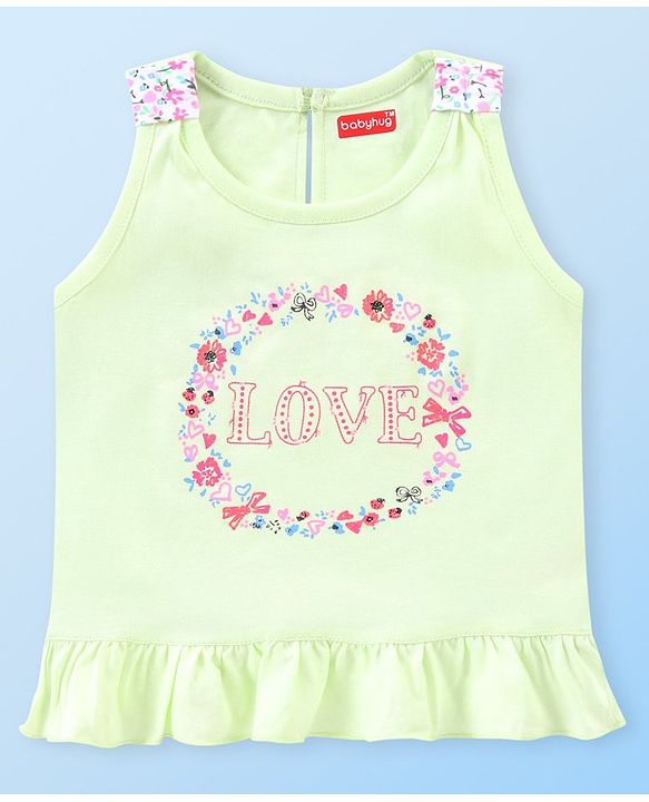 Babyhug Cotton Knit Sleeveless Night Suit Floral Print - Green & Pink