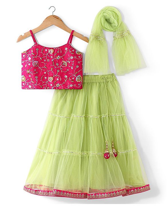 Babyhug  Sleeveless Floral  Embroiderd Choli &  Tiered Lehenga with  Dupatta Set - Green