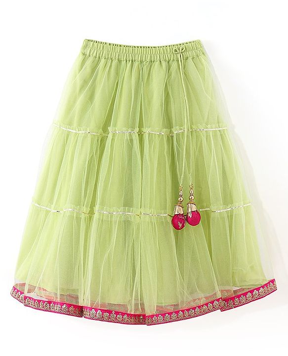 Babyhug  Sleeveless Floral  Embroiderd Choli &  Tiered Lehenga with  Dupatta Set - Green