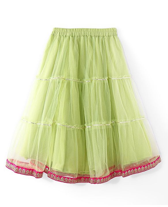 Babyhug  Sleeveless Floral  Embroiderd Choli &  Tiered Lehenga with  Dupatta Set - Green