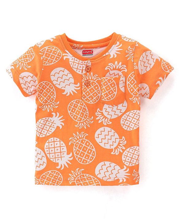 Babyhug 100% Cotton Knit Henley Neck Half Sleeves T-Shirt with Pocket and Pineapple Print - Orange