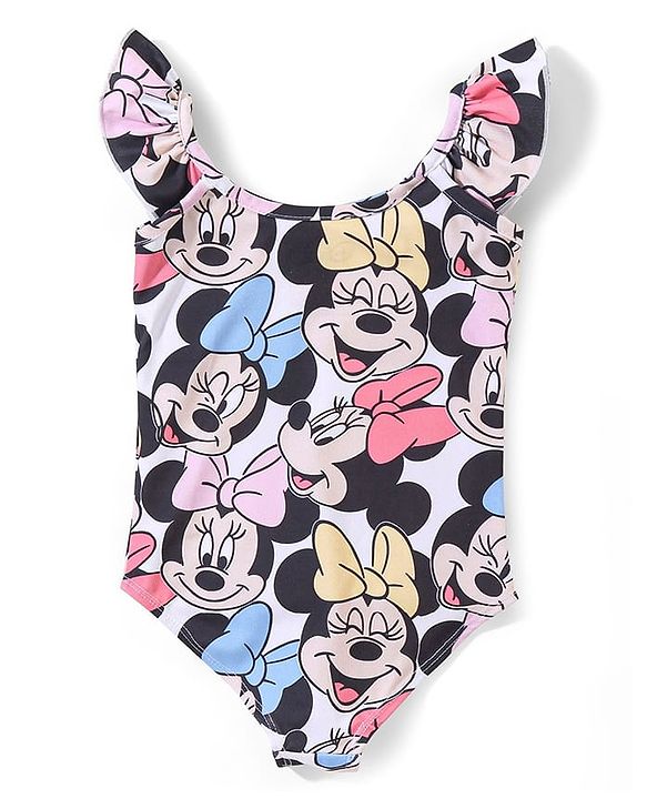 Babyhug Disney Frill Sleeves V Cut Swimsuit Minnie Mouse Print - Multicolour