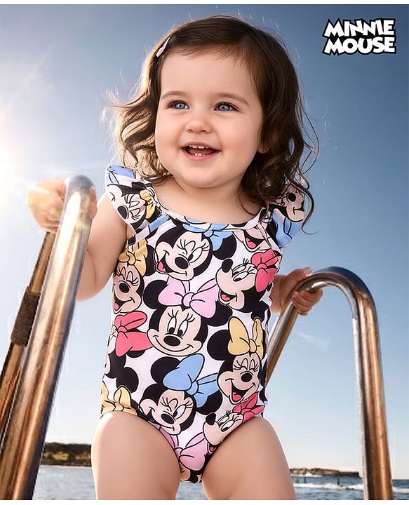 Babyhug Disney Frill Sleeves V Cut Swimsuit Minnie Mouse Print - Multicolour