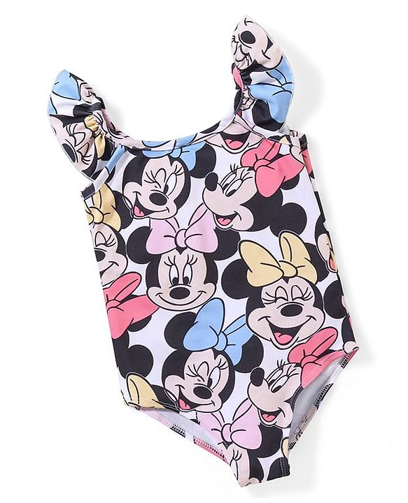 Babyhug Disney Frill Sleeves V Cut Swimsuit Minnie Mouse Print - Multicolour