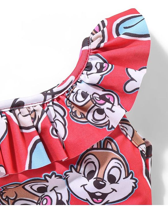 Babyhug Disney Sleeveless V Cut Swimsuit with Frill Detailing Minnie Mouse Print - Red