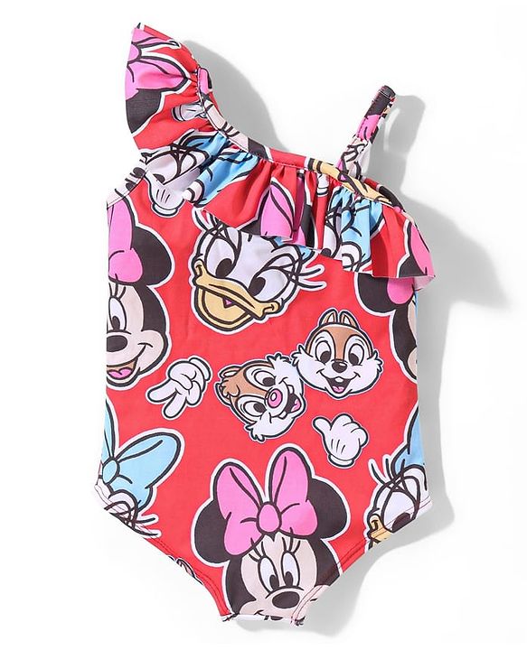 Babyhug Disney Sleeveless V Cut Swimsuit with Frill Detailing Minnie Mouse Print - Red