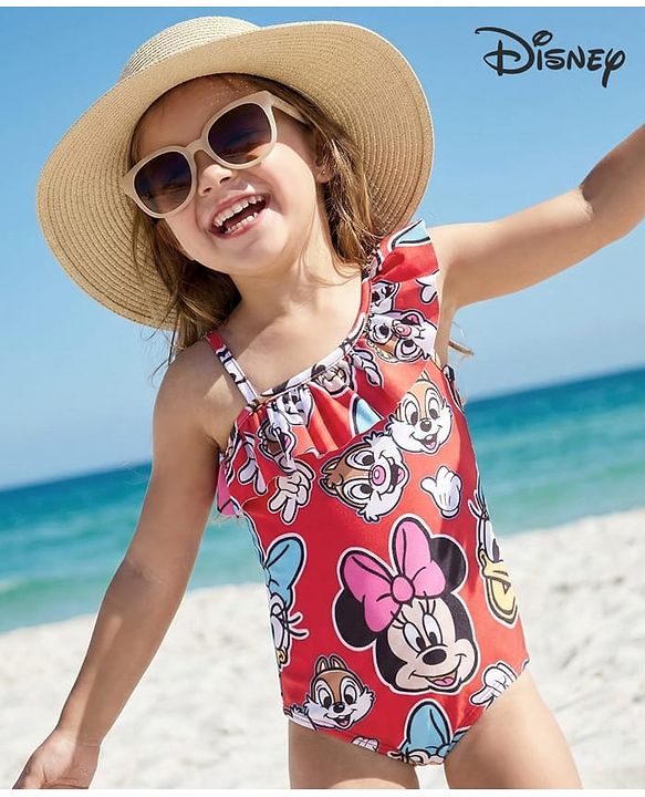 Babyhug Disney Sleeveless V Cut Swimsuit with Frill Detailing Minnie Mouse Print - Red